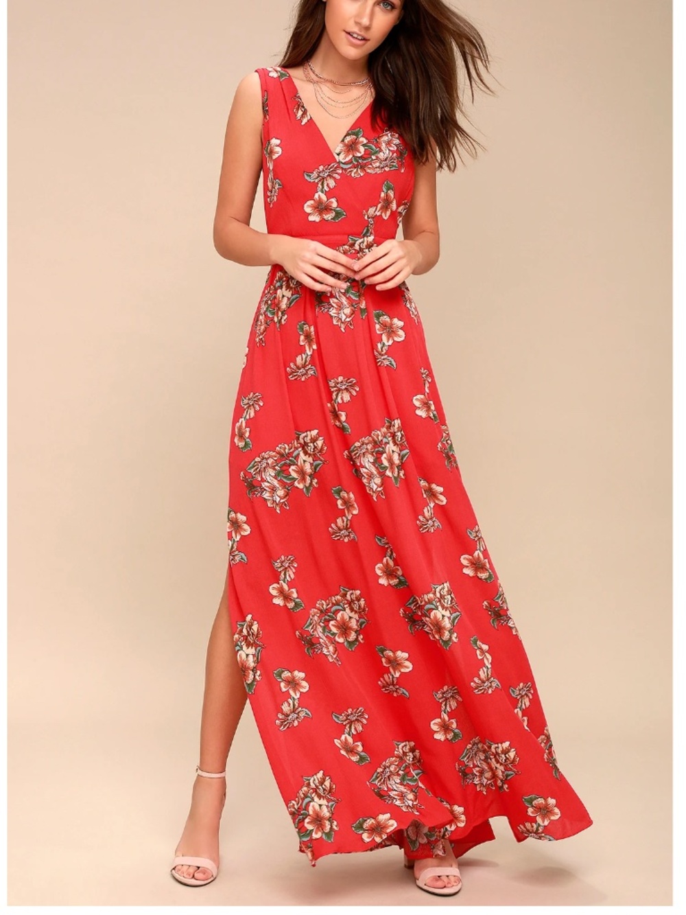 Lulus Afternoon Tea Coral Red Floral Print Tie-Back Maxi Dress Size M NWT